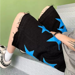 HEARUJOY - New Summer Oversized Denim Shorts Mens American Street Star Pattern Washed Cowboy Capris High Street Straight Wide Leg Capris