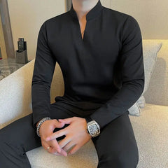 HEARUJOY - New Chinese Solid Color Slim and Simple Men's T-shirt Stand Collar Elastic Casual V-neck T Base Shirt