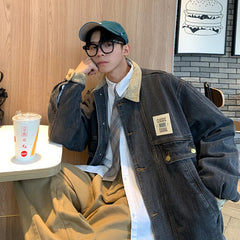 HEARUJOY - Retro Lapel Denim Jacket Men Jean Jackets Streetwear Turn Down Collar Denim Coats Cotton Casual Black Blue Coats Man Clothing
