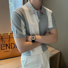 HEARUJOY - Summer Men's Lightweight Short-Sleeve Polo Shirt Simple Color Blocking Knit