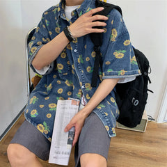 HEARUJOY - Summer Men Vintage Denim Shirts Short Sleeve Floral Printed Blouse Casual Loose Male Jean Coats Single-breasted Pocket Tops