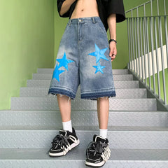 HEARUJOY - New Summer Oversized Denim Shorts Mens American Street Star Pattern Washed Cowboy Capris High Street Straight Wide Leg Capris
