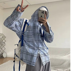 HEARUJOY - Hooded Checkered Mens Shirt Jacket New Spring Thin Casual Fashionable High Street Male Coats Hip Hop Unisex Tops Comfortable