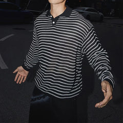 HEARUJOY - Trendy Buttoned Lapel Men's Knit Polos Autumn Long Sleeve Breathable Hollow Out Polo Shirts For Mens Daily Casual Pullover Tops