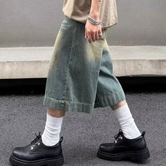 HEARUJOY - Summer Trend Denim Cropped Trousers Mens American Hip Hop Washed Wide Leg Shorts Unisex High Street Straight Cowboy Mid Pants