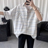 HEARUJOY - Striped Plaid Short-sleeved Shirt for Men Loose and Versatile Casual and Daily Tops