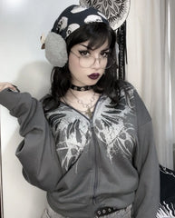 HEARUJOY - High street American y2k butterfly pattern print retro zipper hoodie women's casual loose and versatile couple goth sweatshirt