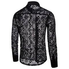 HEARUJOY - Shirts Sexy Lace Hollow Out Cardigan Turn Down Collar Men Single Breasted Shirt Long Sleeve High Street Button New Summer
