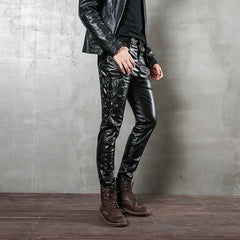 Hearujoy 2024 PU leather men's black leather rope plus velvet leather pants punk style men's motorcycle pants slim fit personality simple