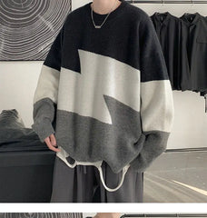 Hearujoy Autumn Winter Men's Cool Boy Casual Loose Tess Knitted Pullover Sweater Soft Patchwork Plaid Solid Warm