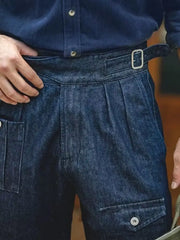 HEARUJOY - High Street Men Gurkha Jeans Cargo Pants Adjustable Waist Buckle Naples Trousers American Vintage Casual Loose Denim Pants