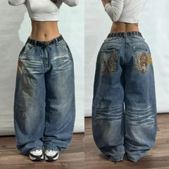 Hearujoy Y2K New Embroidered Jeans Retro Harajuku Oversize Casual Pants Men's and Women's Street Hip Hop Punk High Waist Wide Leg Pants