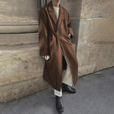 Hearujoy Mens Autumn Winter Mid-Length Thick Woolen Coat Essential Retro Elegant Korean Trendy Loose Strappy Windbreaker Woolen Coat