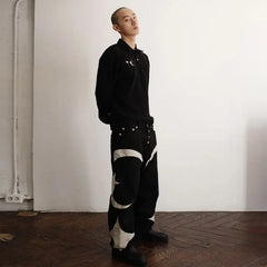 Hearujoy New Y2k Men Black Baggy Jeans Spliced Leather High Street Loose Straight Casual Trousers Hip Hop Harajuku Pants Streetwear