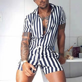 Hearujoy Fashion Men Striped Rompers Short Sleeve Button Shorts Lapel Jumpsuit Drawstring Streetwear 2024 Casual Playsuit Hombre