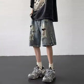 HEARUJOY - Men's New Zipper Slit Loose Straight-tipped Casual Five-point Ripped Denim Shorts
