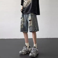 HEARUJOY - Men's New Zipper Slit Loose Straight-tipped Casual Five-point Ripped Denim Shorts