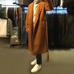 Hearujoy Mens maillard Mid-Length Knee-Length Woolen Coat Autumn Winter Trend British Elegant Temperament Loose Comfort Simple Solid Coat