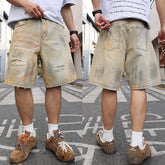 HEARUJOY - Yellow mud-dyed, washed and worn-out holes straight denim cropped pants. Retro men's summer straight thin shorts are fashionable