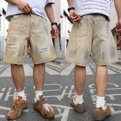 HEARUJOY - Yellow mud-dyed, washed and worn-out holes straight denim cropped pants. Retro men's summer straight thin shorts are fashionable