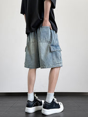 HEARUJOY - Summer Denim Shorts Men Korean Fashion Wide Leg Straight Jean Short Male Multi-Pocket Loose Fit Denim Cargo Shorts
