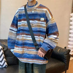 Hearujoy 2024 New Vintage Clashing Stripe Sweater Neutral Wind Trend Loose Couple Knitted Pullovers Round Neck Men Jumper