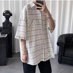 HEARUJOY - Striped Plaid Short-sleeved Shirt for Men Loose and Versatile Casual and Daily Tops