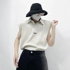 Hearujoy Summer Wave Striped Ribbed Lapel Tank Top Mens Fashion Streetwear Vintage Solid Loose Vest Sleeveless Tees Tops Sexy Polo Shirt