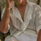 HEARUJOY - Mens Shirt Hollow Breathable Casual Shirt Summer Streetwear Beach Vacation Versatile Short-Sleeve Top Men'S Clothing