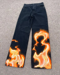 HEARUJOY - Classic Fashion Flame Print Trousers Men Y2k Goth Hip-hop Rock Punk Loose Personality High Waist Wash Oversized Jeans Women