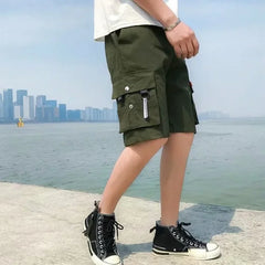 HEARUJOY - Oversize Wide Multi Pocket Loose Baggy Short Pants for Men Solid Big Size Elastic Waist Mens Cargo Shorts Hevy Whate Cotton Tall