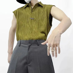 Hearujoy Summer Wave Striped Ribbed Lapel Tank Top Mens Fashion Streetwear Vintage Solid Loose Vest Sleeveless Tees Tops Sexy Polo Shirt