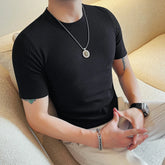 HEARUJOY - Men's Slim Stretch O-Neck Tee Trio | Breathable Knit T-Shirts in Black, White & Camel Fashion Men's Everyday Joker Top