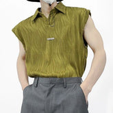 Hearujoy Summer Wave Striped Ribbed Lapel Tank Top Mens Fashion Streetwear Vintage Solid Loose Vest Sleeveless Tees Tops Sexy Polo Shirt