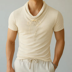 HEARUJOY - Men T Shirt Solid Color Drawstring Turtleneck Short Sleeve Male Tee Tops Streetwear Summer Fashion Men Clothing