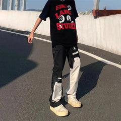 HEARUJOY - Mens Jeans Y2k Black White Irregular Stitching Ripped Jeans Streetwear Hip-Hop Casual Slim Straight Pants Men'S Clothing