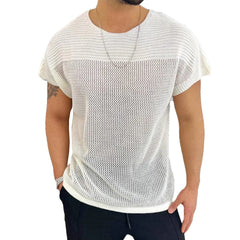 HEARUJOY - Comfort Men Top T-shirts O Neck Hollow Out Knitted Knitting Loose Regular Short Sleeve Solid Sports Stylish Summer