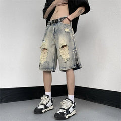 HEARUJOY - Men's High Street Ripped Denim Versatile Loose and Handsome Shorts
