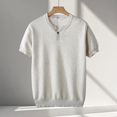 HEARUJOY - Vintage Men's Henley Neck Knit T Shirts Summer Casual Breathable Slim Fit Elastic Knitted Tee Men Fashion Short Sleeve Pullovers