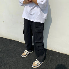HEARUJOY - Trendy Korean Workwear Pants for Men Spring Autumn Loose Straight Casual Hong Kong Sle Pure Cotton Long Pants with Big kets