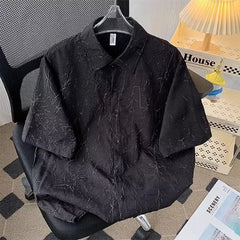 HEARUJOY - Men Fashion High Street Vintage Luxury Jacquard Lapel Button Down Shirt Summer Casual Short Sleeve Loose Tops Camisas De Hombre