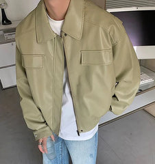 HEARUJOY - Men's Casual Texture PU Leather Jacket High Street Zippers Turn-down Collar Long Sleeve Retro Coat with Pocket Spring Autumn