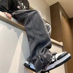 Hearujoy 2024 Spring New Fashion Side Zipper Casual Jean Pants Men High Street Loose Straight Pant Mens Vintage All-match Trousers