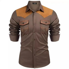 HEARUJOY - Men's Western Shirt, Long-sleeved Denim Shirt, Men's Casual Buttoned Color-blocked Shirt Top