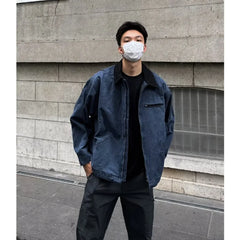 HEARUJOY - American Trendy Tooling Mens Jackets Vintage Solid Distressed Bomber Coats Patchwork Zipper Pocket High Street Short Outwear