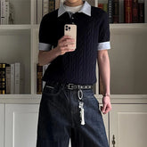 HEARUJOY - Summer New Casual Mens Knit Polo Shirt Slim Fit Short Sleeve Lapel Patchwork Polos Men Knitting Striped Printed Polo Shirts