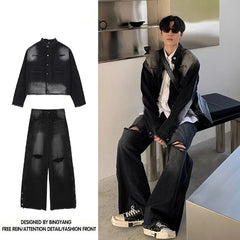 HEARUJOY - Autumn Denim Set Men Denim Jacket +Wide Leg Straight Jeans Casual Loose Solid Color Korean Style Street Stand Collar 2pcs Suit