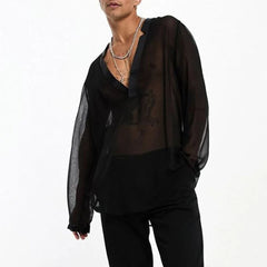 Hearujoy Mens Autumn Perspective Mesh V-Neck Long Sleeve Mesh T-Shirt Genderless Elastic Sexy Fashion Slim Fit Breathable Top Unisex