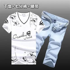 HEARUJOY - Summer Men Set Cotton T-Shirts Denim shorts New Tide Cowboy Shorts two Piece suits Handsome Men's Sets