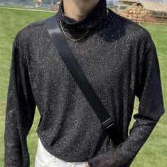 Hearujoy Mens Autumn Thin High Collar Slightly Transparent Mesh Long Sleeve Diamond T-Shirt Genderless Couple Youth Trend Sexy Top Unisex